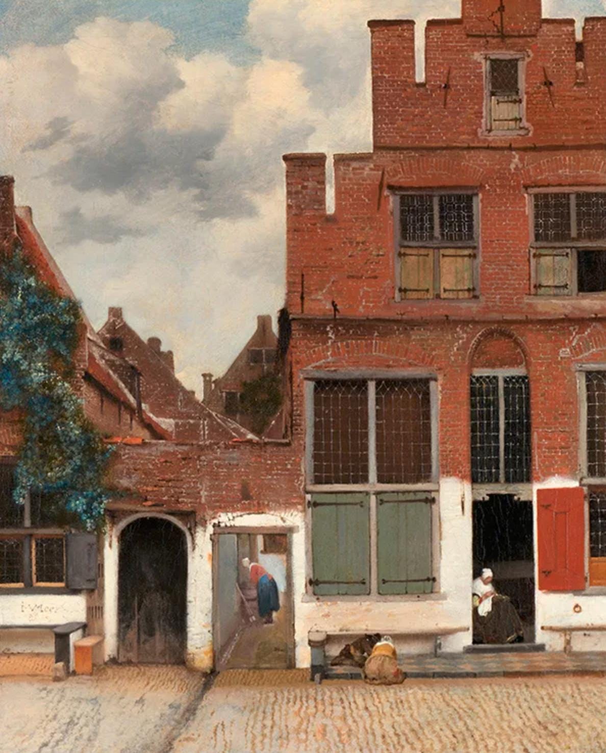 View of Houses in Delft, Known as ‘The Little Street’
Johannes Vermeer (1632-1675), oil on canvas, c. 1660

This is an unusual painting in Vermeer’s oeuvre, and remarkable for its time as a portrait of ordinary houses. The composition is as exciting as it is balanced. The old walls with their bricks, whitewash, and cracks are almost tangible. The location is Vlamingstraat 40–42 in Delft.