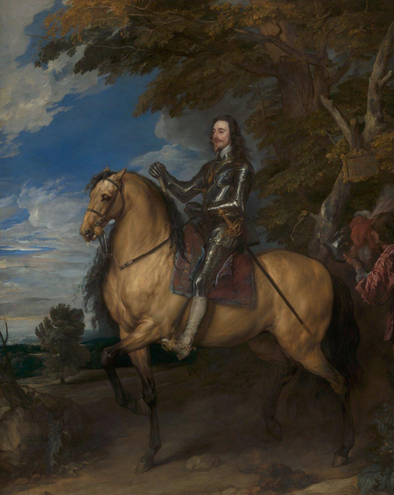 A man sits on a muscular horse, towering above a servant who passes him a helmet to complete his suit of armour. A Latin inscription on the tablet hanging from a tree identifies him as ‚ÄòKing of Great Britain‚Äô ‚Äì this is Charles I, surveying his kingdom. Anthony van Dyck painted several portraits of Charles, but at over 3.5 metres high and nearly 3 metres wide, this is the largest.