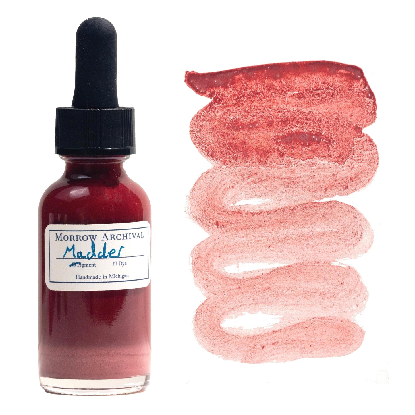 Historical watercolor ink made from Madder Red Lake pigment, derived from fermented Rubia tinctorum roots, presented in a clear glass dropper bottle with a fine watercolor paper label and hand-painted swatch. This natural red ink displays a warm, earthy crimson hue with a gradient that flows from deep brick red to a soft rosy wash. Archival quality and historically accurate, perfect for medieval manuscript art, natural dye-based painting, and historical calligraphy.