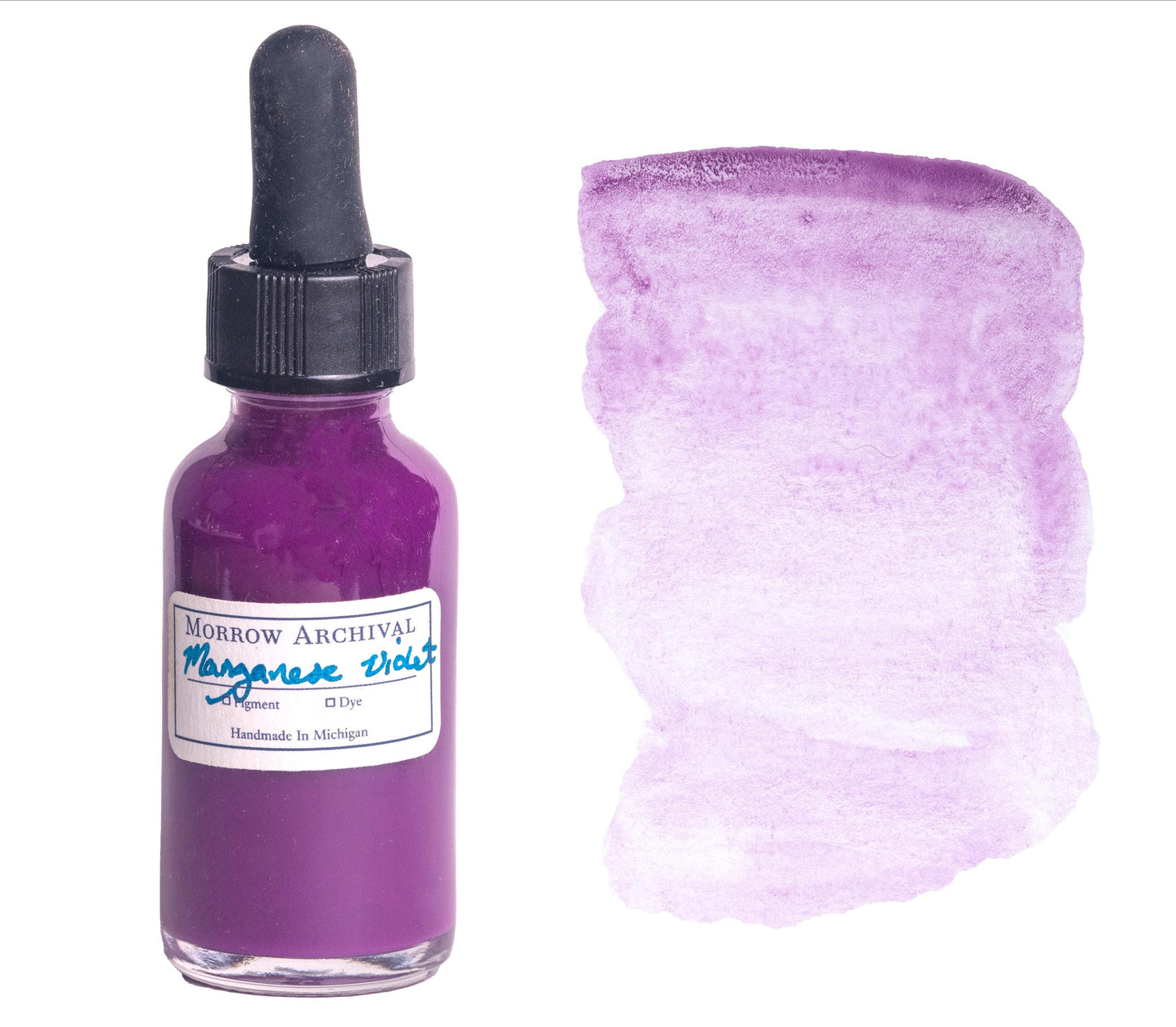 Manganese Violet watercolor ink by Morrow Archival, shown in a glass dropper bottle with a rich, velvety purple wash on watercolor paper. Handmade from true manganese ammonium pyrophosphate, this all-natural, single pigment ink offers soft granulation and excellent lightfastness. A historic 19th-century color, perfect for florals, portraits, and layered washes‚Äîideal for artists seeking archival, handcrafted, ethically sourced inks.