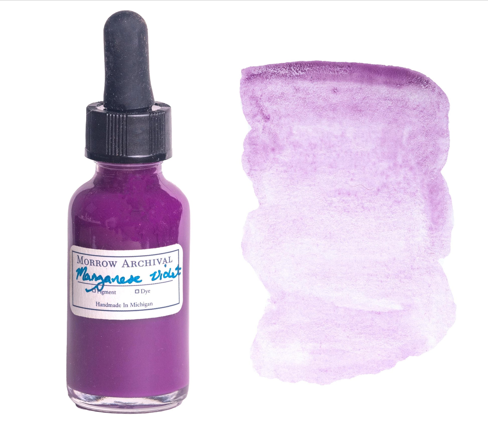 Manganese Violet watercolor ink by Morrow Archival, shown in a glass dropper bottle with a rich, velvety purple wash on watercolor paper. Handmade from true manganese ammonium pyrophosphate, this all-natural, single pigment ink offers soft granulation and excellent lightfastness. A historic 19th-century color, perfect for florals, portraits, and layered washes‚Äîideal for artists seeking archival, handcrafted, ethically sourced inks.