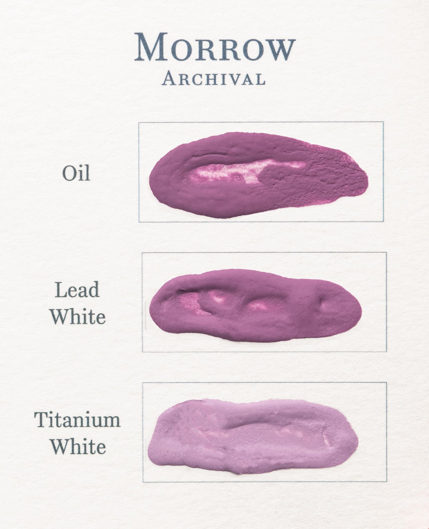 Three mauve swatches of Potter's Violet Pigment appear on textured paper under the Morrow Archival heading, each showing unique texture and shade, with gentle undertones characteristic of Potter's Violet.