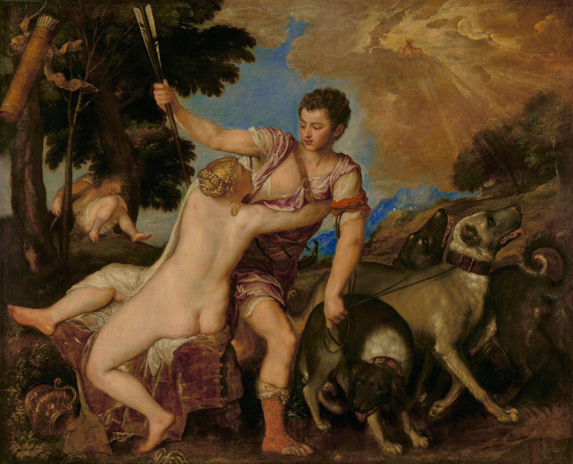 The goddess Venus tries to restrain her lover Adonis from going off to the hunt. She clings to him, but Adonis looks down at her impassively. His dogs strain at their leashes, echoing his impatience, as detailed in the tragic love story found in Metamorphoses. Cupid sleeps in the background, a symbol of Adonis's resistance to Venus's entreaties, since his ineffective arrows hang uselessly in a tree. The story ends tragically; during the hunt, the mortal Adonis is fatally gored by a wild boar.