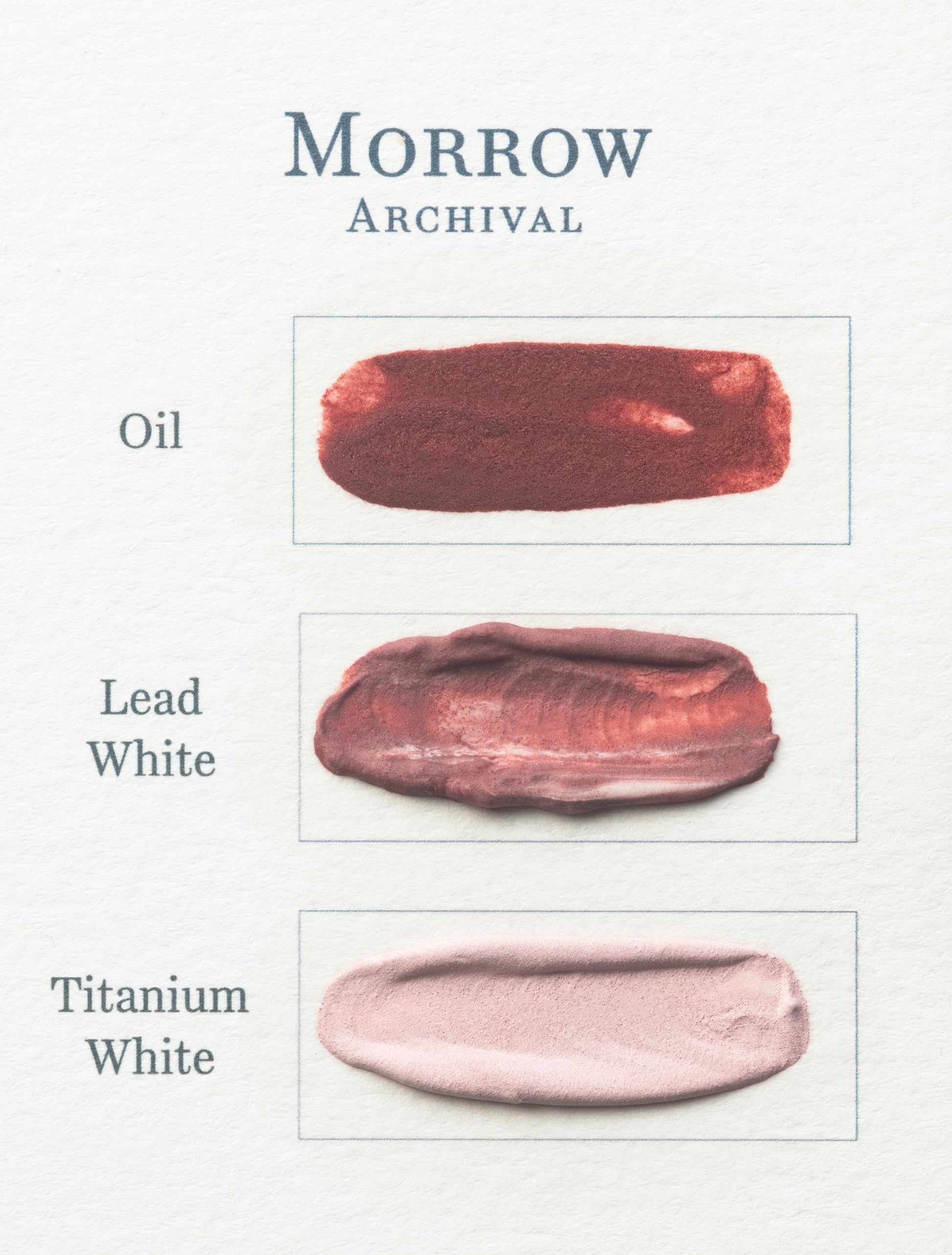 Three horizontal paint swatches labeled Oil (dark red), Lead White, and Titanium White are displayed on textured paper under the heading Morrow Archival, showcasing Monascus Lake Intense Pigment's depth for botanical painting.