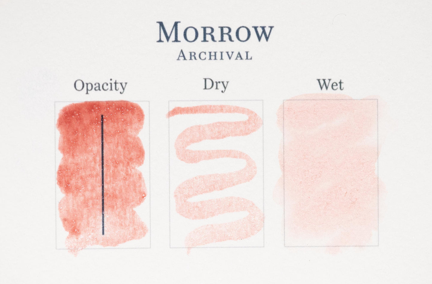 A paper titled "Morrow Archival" shows three swatches—Opacity, Dry, and Wet—featuring the texture and transparency of a reddish watercolor made with Dragon's Blood Red Pigment, a famed historical art material.