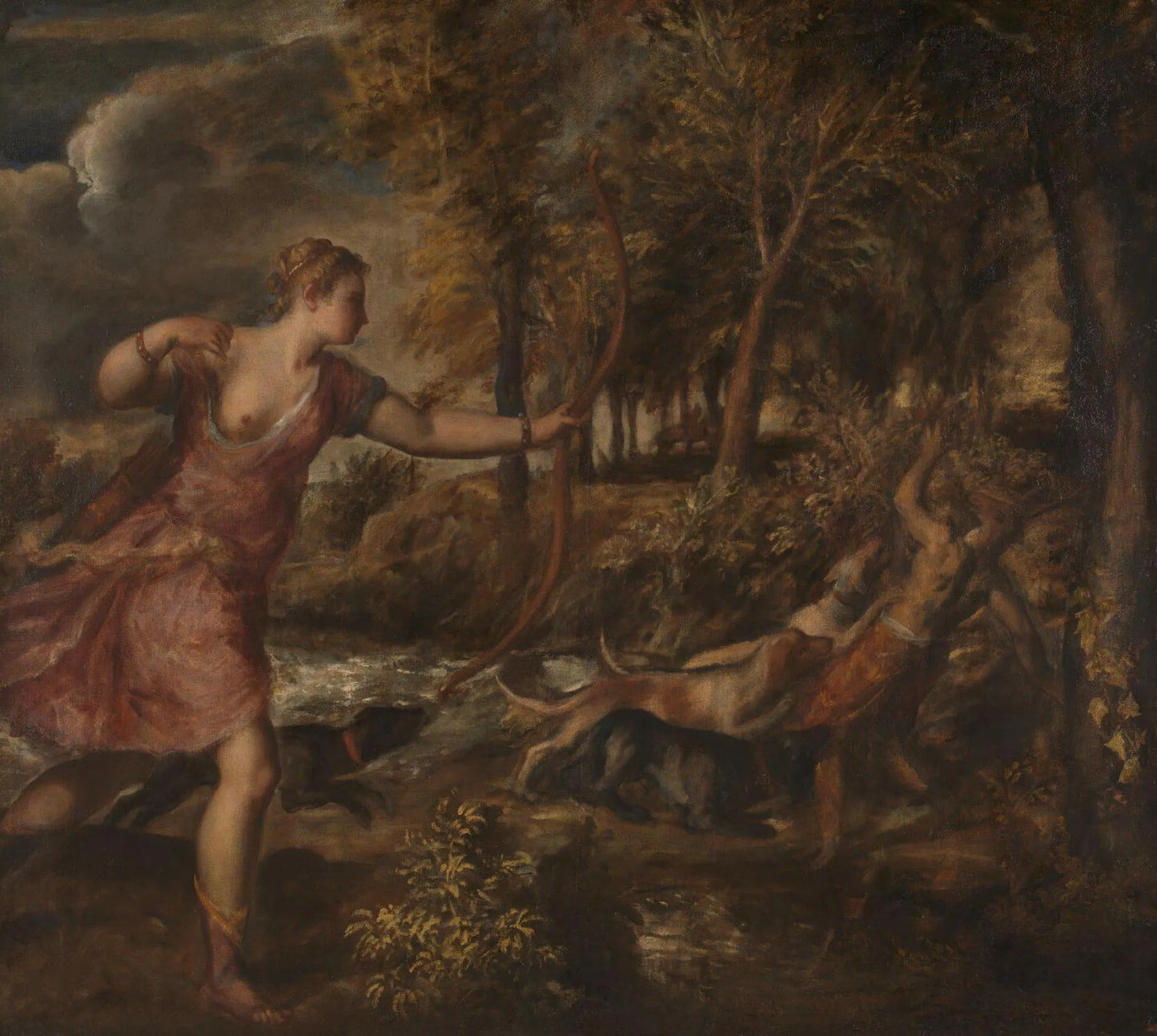 The image is a painting depicting a woman in a red dress holding a bow and arrow, aiming at a deer in a forest setting.