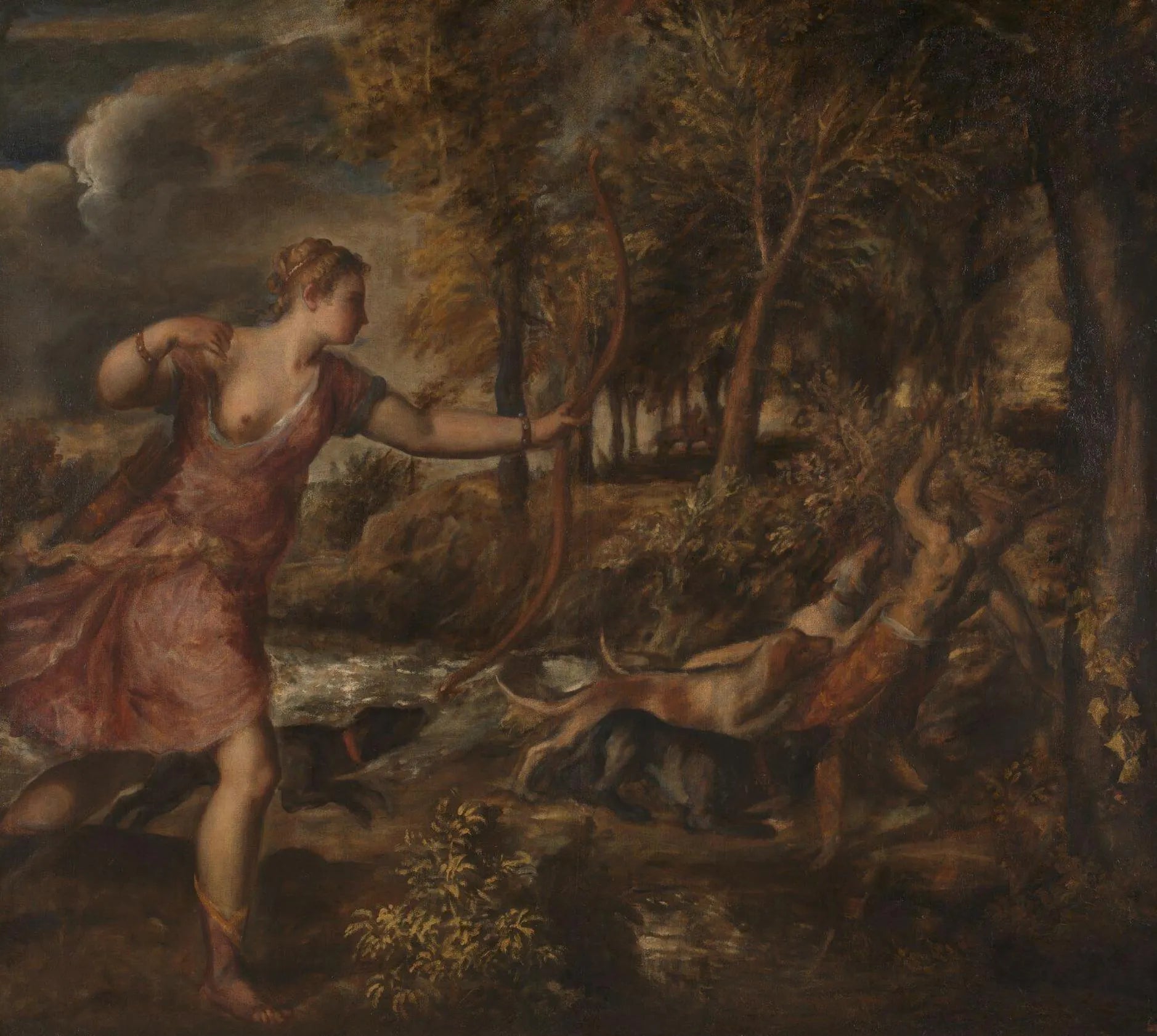 The image is a painting depicting a woman in a red dress holding a bow and arrow, aiming at a deer in a forest setting.