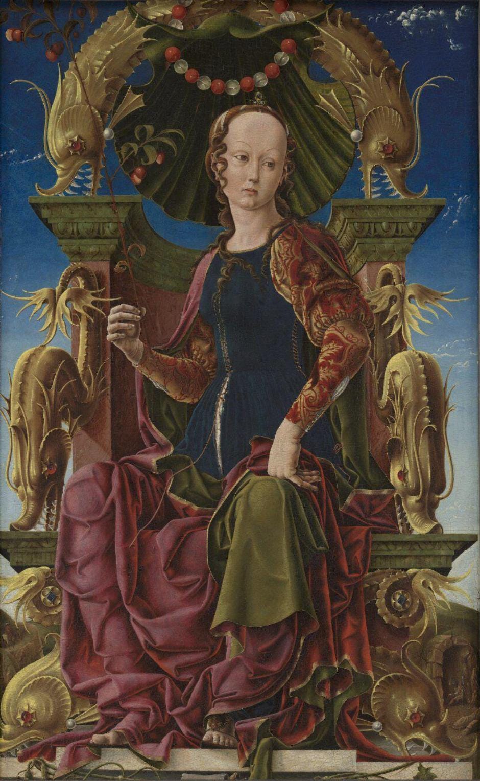 This imperious lady once looked down from the walls of the studiolo (study) at Belfiore, the hunting retreat belonging to the dukes of Ferrara, part of a decorative scheme showing the nine Muses. The theme was chosen by Leonello d’Este, Duke of Ferrara, and was begun by a painter called Angelo da Siena. After Leonello’s death in 1450 and Angelo’s in 1456, Leonello’s brother Borso hired Tura to produce the work.