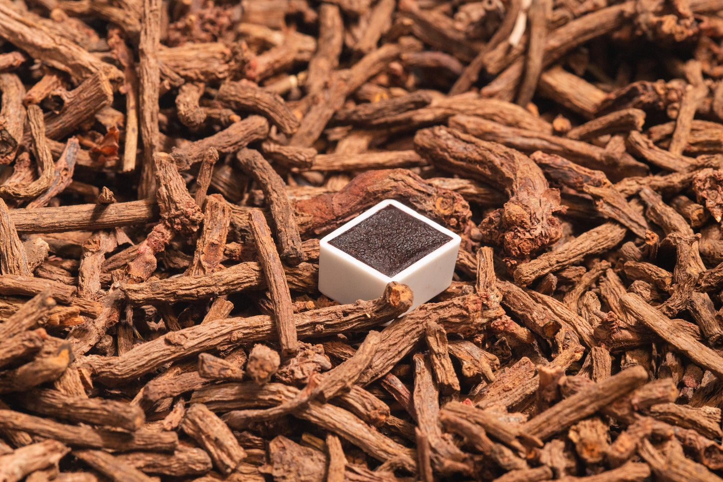 Madder Lake Deep watercolor half pan resting on dried madder roots, the botanical source of its deep, warm red pigment. This handmade artist-grade watercolor is crafted from fermented madder root and laked using traditional techniques for rich, lightfast color. Perfect for natural pigment lovers, historical palettes, and fine botanical art. Made for madder lake watercolor, natural red pigments, and handmade eco-friendly artist supplies.