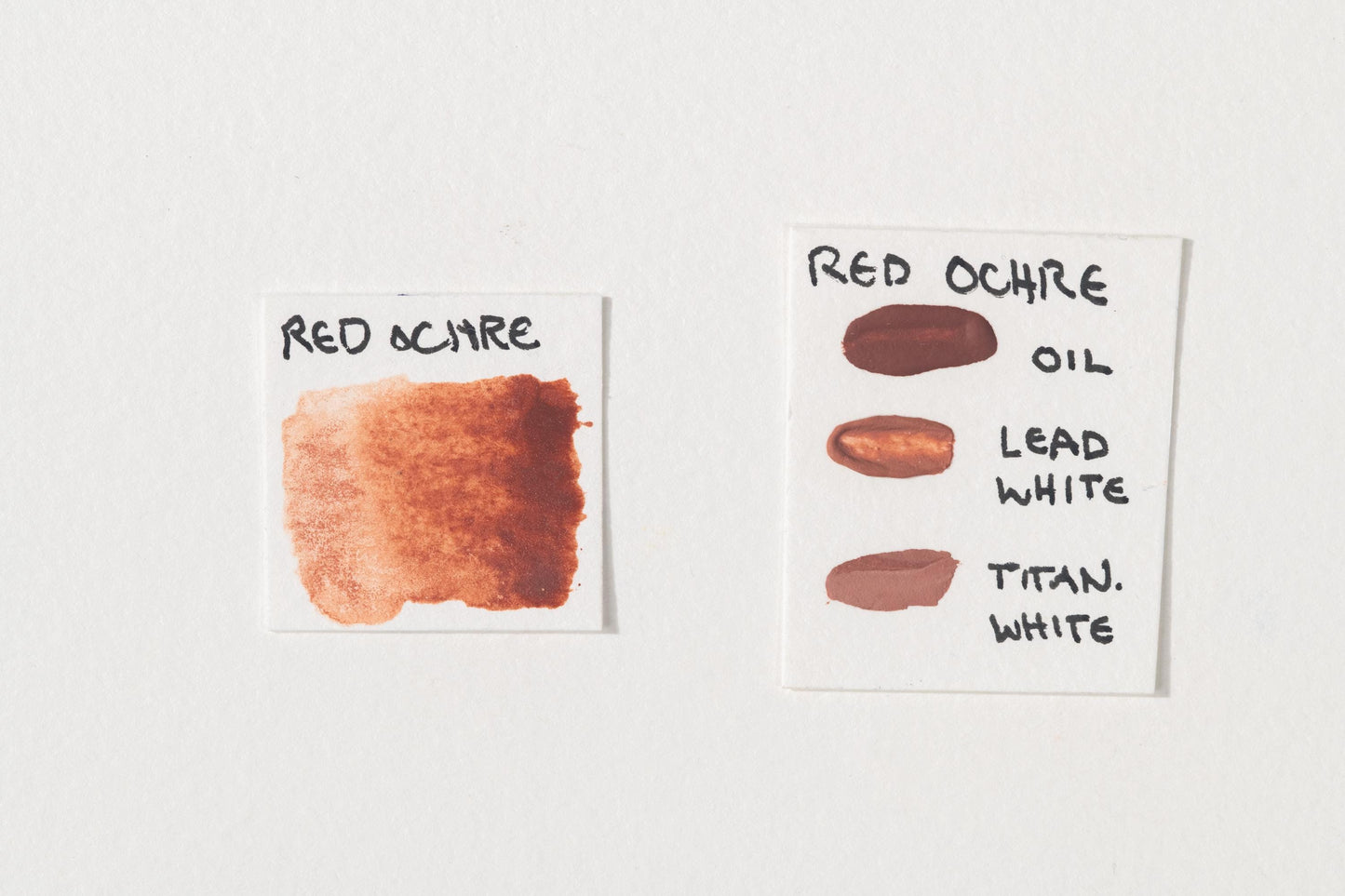 Red Ochre pigment tested in watercolor using honey, in oil, and mixed with tints of titanium white and lead white. The image showcases its warm, earthy red hue, excellent transparency in watercolor, smooth blending in oil, and subtle tonal shifts with white pigments. A natural iron oxide pigment prized for its historical significance, durability, and versatility in painting. High-quality Red Ochre swatches displayed for comparison.