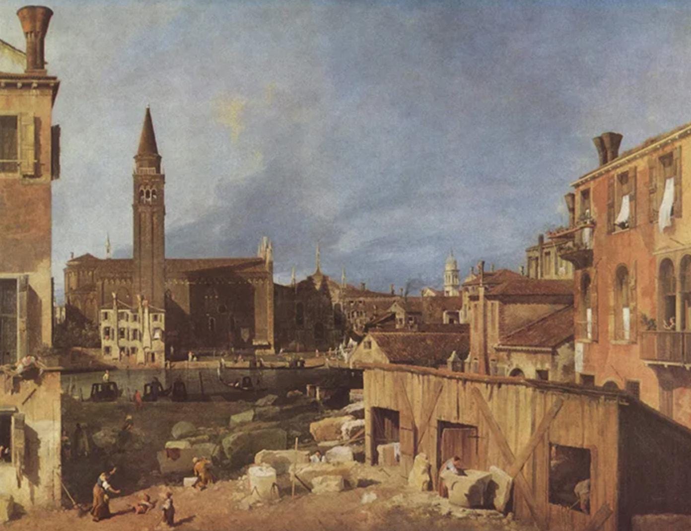 The Stonemason's Yard (formally known as Campo S. Vidal and Santa Maria della Carit√†) is an early oil painting by Giovanni Antonio Canal, better known as Canaletto. It depicts an informal scene in Venice, looking over a temporary stonemason's yard in the Campo San Vidal set up for the construction of Andrea Tirali's facade of the church of San Vidal, and across the Grand Canal towards the church of Santa Maria della Carit√†.
