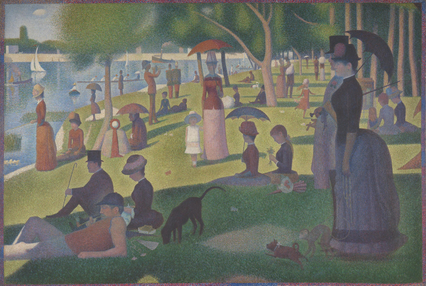 The image is a painting depicting a lively scene of people enjoying a day at the park. There are numerous people engaged in various activities, such as sitting on the grass, walking around, and interacting with one another. The park is filled with lush greenery, and there are several umbrellas providing shade for the visitors. The painting captures the essence of a typical day at the park, with people of different ages and genders enjoying the outdoors and each other's company.