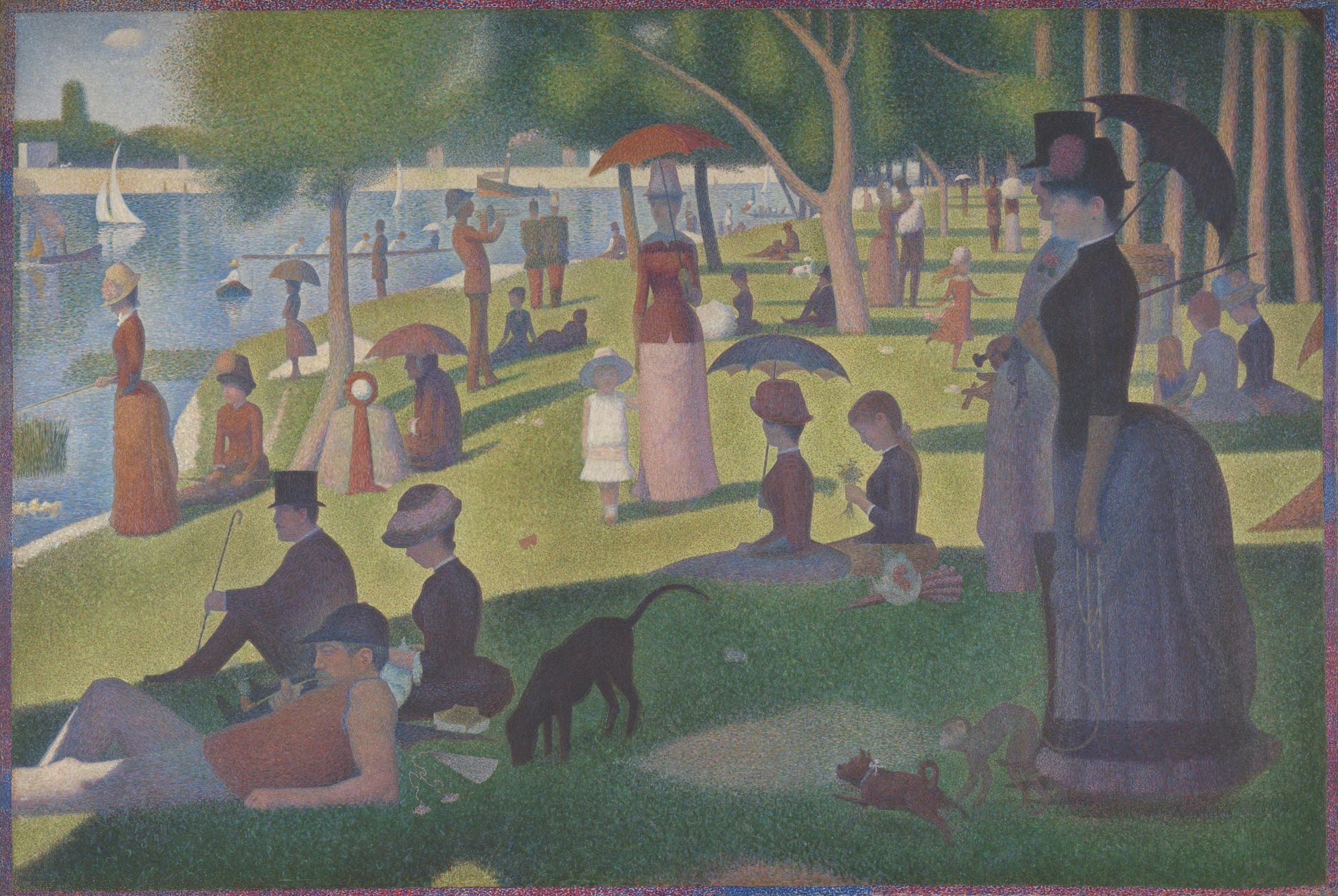 The image is a painting depicting a lively scene of people enjoying a day at the park. There are numerous people engaged in various activities, such as sitting on the grass, walking around, and interacting with one another. The park is filled with lush greenery, and there are several umbrellas providing shade for the visitors. The painting captures the essence of a typical day at the park, with people of different ages and genders enjoying the outdoors and each other's company.