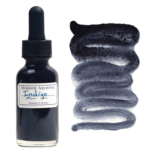 Traditional watercolor ink made from natural Indigo pigment sourced from Indigofera tinctoria, housed in a clear glass dropper bottle with an archival watercolor paper label and hand-painted swatch. This deep botanical blue ink features a smooth gradient from rich navy to soft wash, with excellent flow and natural transparency. A historically accurate, non-toxic ink ideal for medieval illumination, manuscript work, and botanical dye-based art.