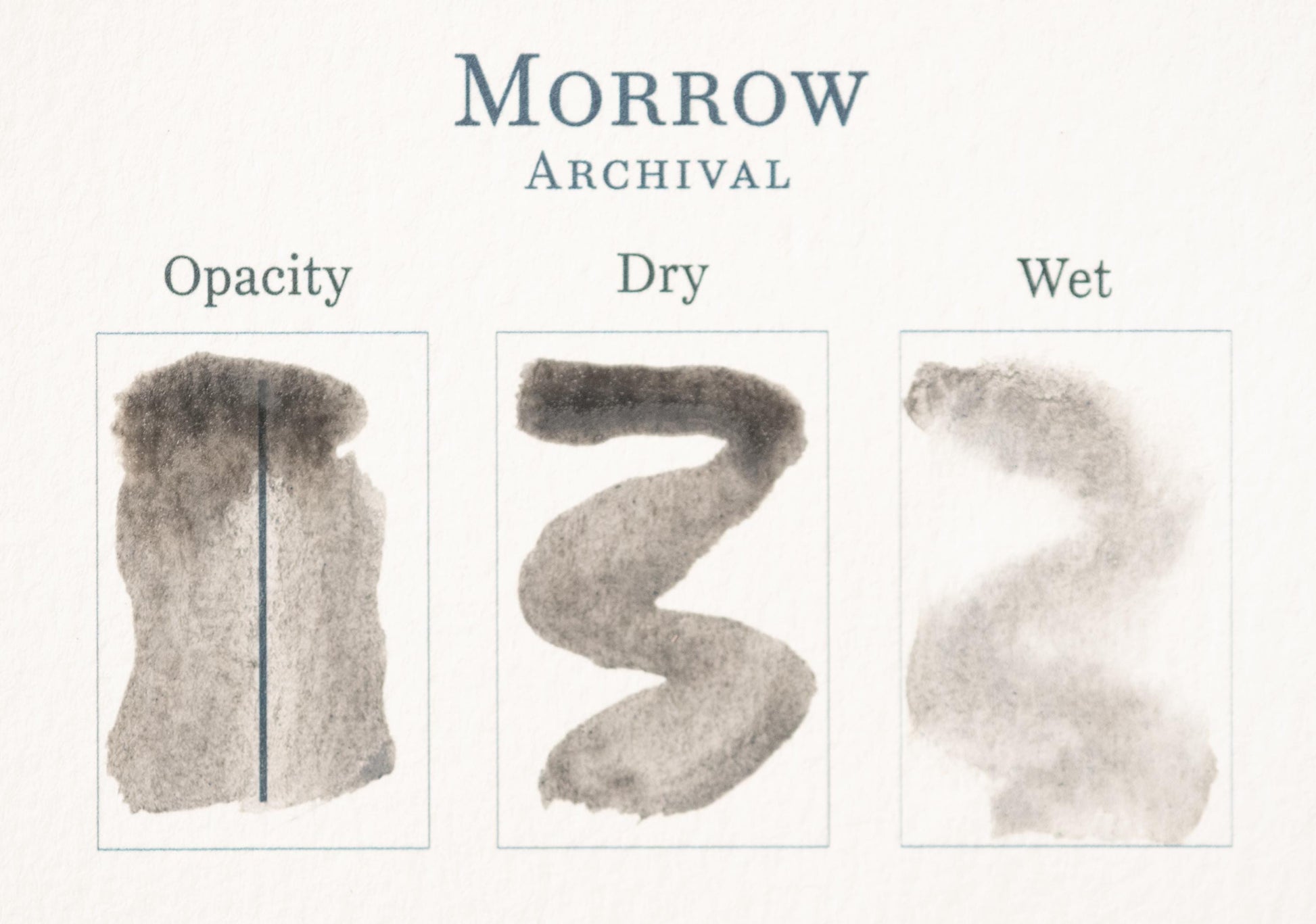 The image is a collage of three different ink wash brush strokes, each representing a different stage of drying: opacity, dry, and wet.
