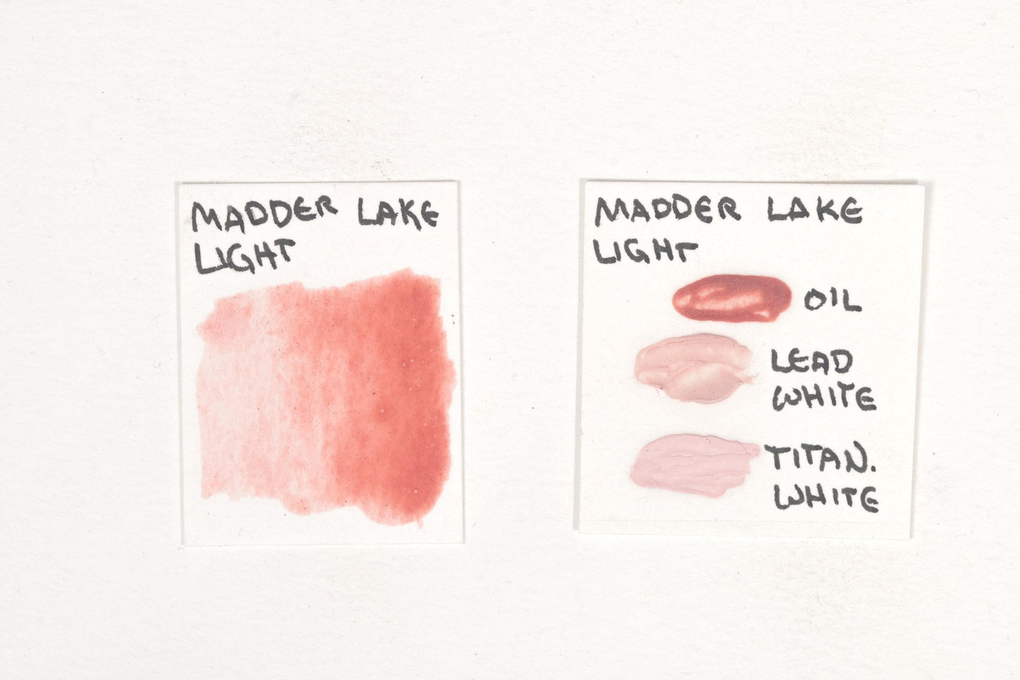 Madder Lake Light pigment tested in watercolor using honey, in oil, and mixed with tints of titanium white and lead white. The image showcases its rich, deep crimson hue, excellent transparency in watercolor, smooth blending in oil, and luminous tonal shifts with white pigments. A historic organic pigment prized for its warmth, glazing properties, and use in classical painting. High-quality Madder Lake Deep swatches displayed for comparison.