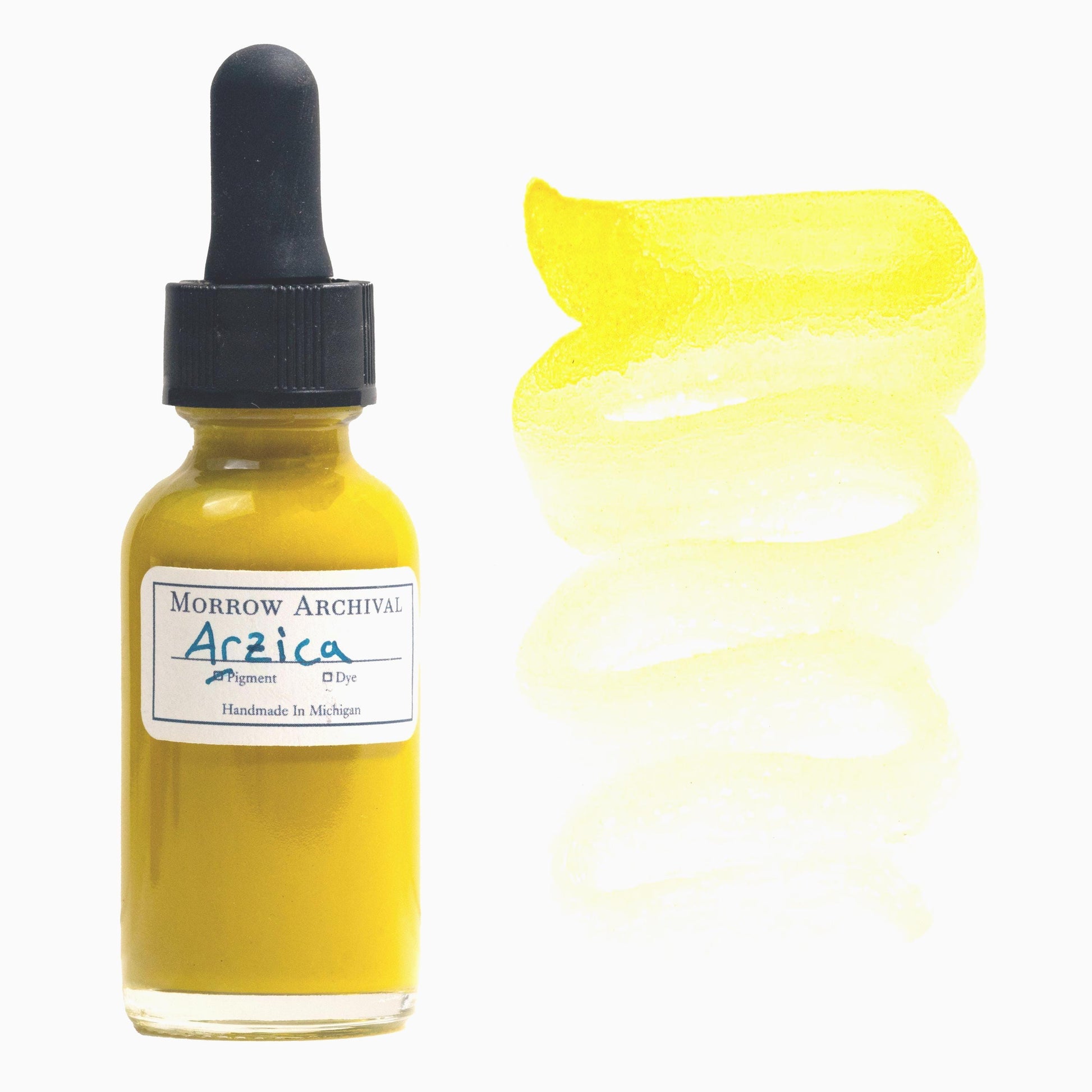 Archival-quality historical medieval watercolor ink in a clear glass dropper bottle, labeled with fine watercolor paper and a hand-applied swatch. Made from bright lemon-yellow Arzica Weld Lake pigment with gum arabic for smooth flow. The ink swatch beside the bottle showcases vibrant transparency, natural flow, and a radiant yellow gradient. Perfect for calligraphy, illumination, painting, and natural historical art.