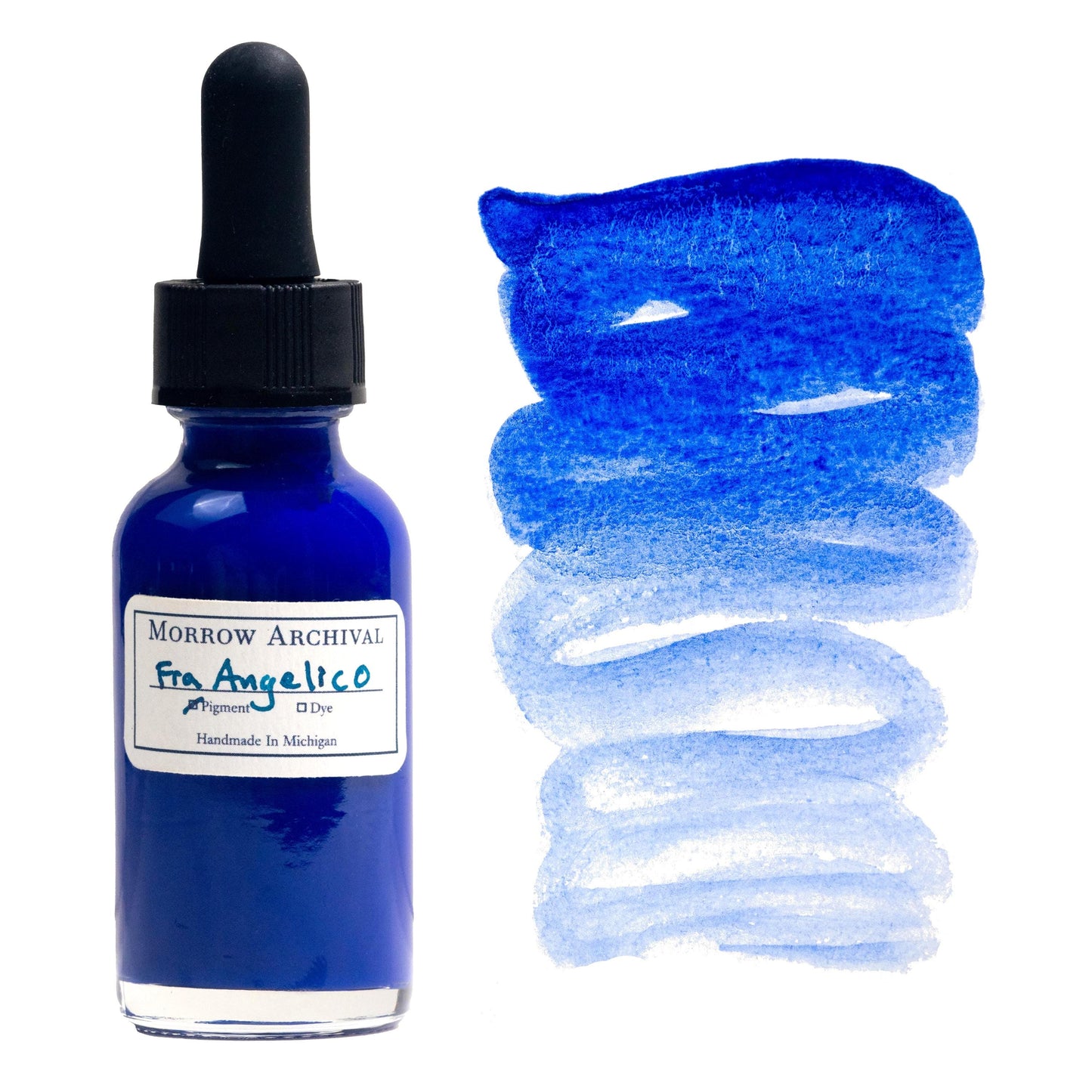 Handmade medieval watercolor ink crafted from genuine Lapis Lazuli, known as Fra Angelico Blue, presented in a clear glass dropper bottle with a fine watercolor paper label and hand-painted swatch. This natural ultramarine pigment offers a radiant sky-blue tone with subtle granulation and soft transparency. The swatch beside the bottle shows a luminous gradient from deep celestial blue to pale wash. Archival quality, ideal for historical painting and manuscript work.