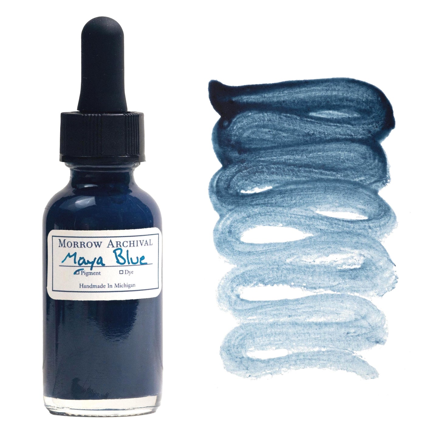 Authentic historical watercolor ink made from True Maya Blue, a blend of Indigofera suffruticosa and palygorskite clay, housed in a clear glass dropper bottle with a watercolor paper label and hand-painted swatch. This unique medium blue ink offers a soft, sky-toned hue with exceptional permanence and smooth flow. The swatch reveals a subtle gradient and natural matte texture. Archival quality, ideal for historical art, Mesoamerican-inspired work, and fine calligraphy.