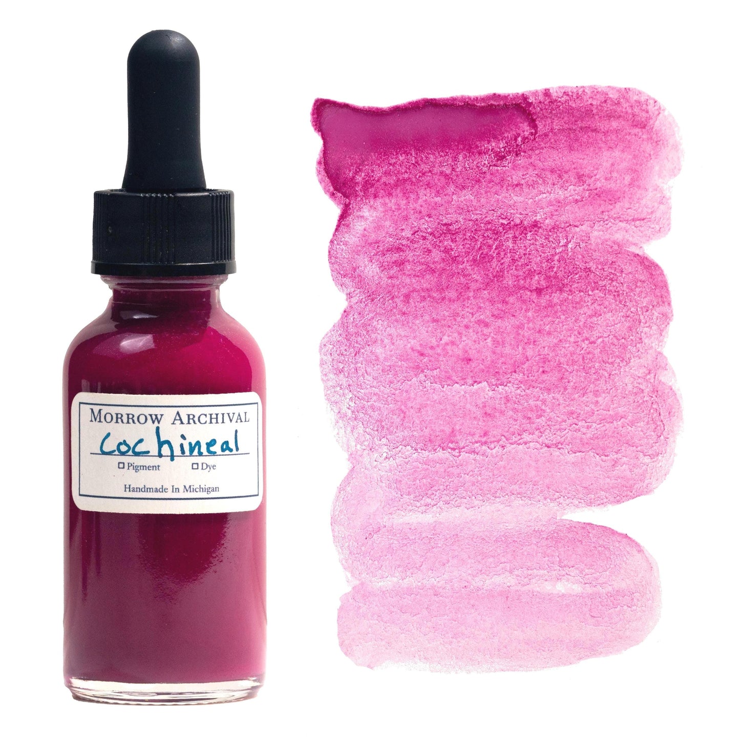 Archival medieval watercolor ink made from Cochineal Carmine Lake pigment, housed in a clear glass dropper bottle with a hand-labeled watercolor paper tag and painted swatch. This vivid natural ink derives its magenta-purple-pink hue from cochineal insects, producing a bright, transparent gradient. The swatch beside the bottle highlights its smooth flow and intense chroma. Ideal for historical illumination, natural dye-based art, and fine calligraphy.