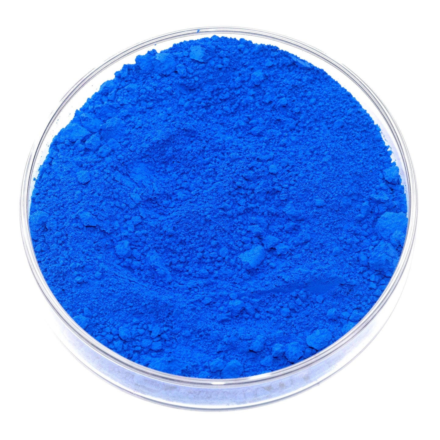 A glass container filled with a bright blue powder.