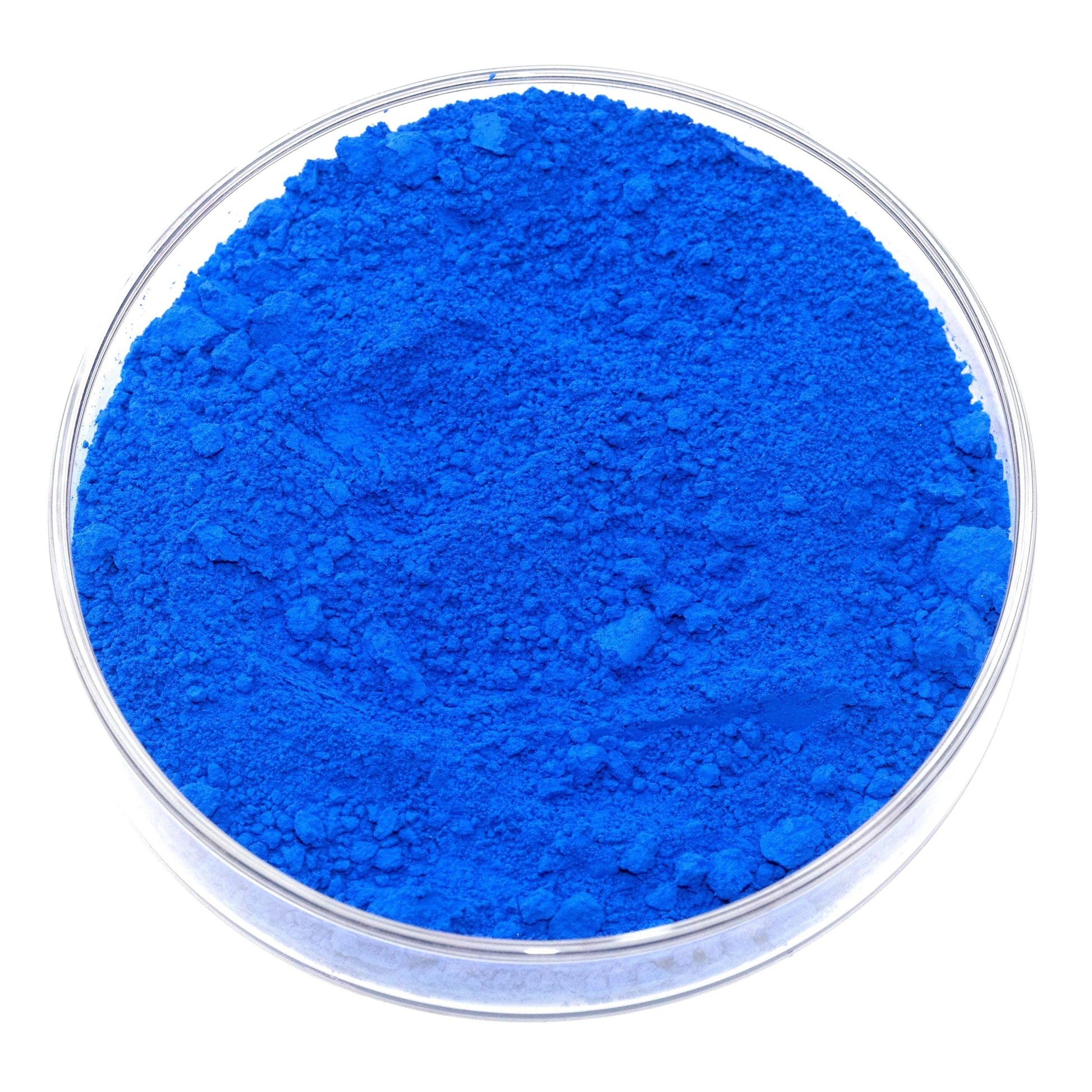 A glass container filled with a bright blue powder.