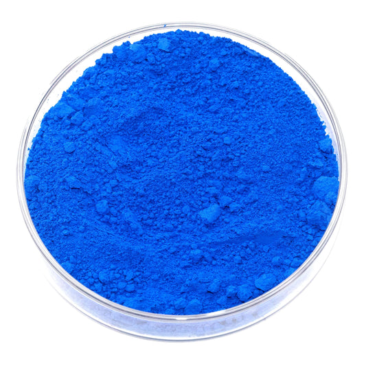 A glass container filled with a bright blue powder.