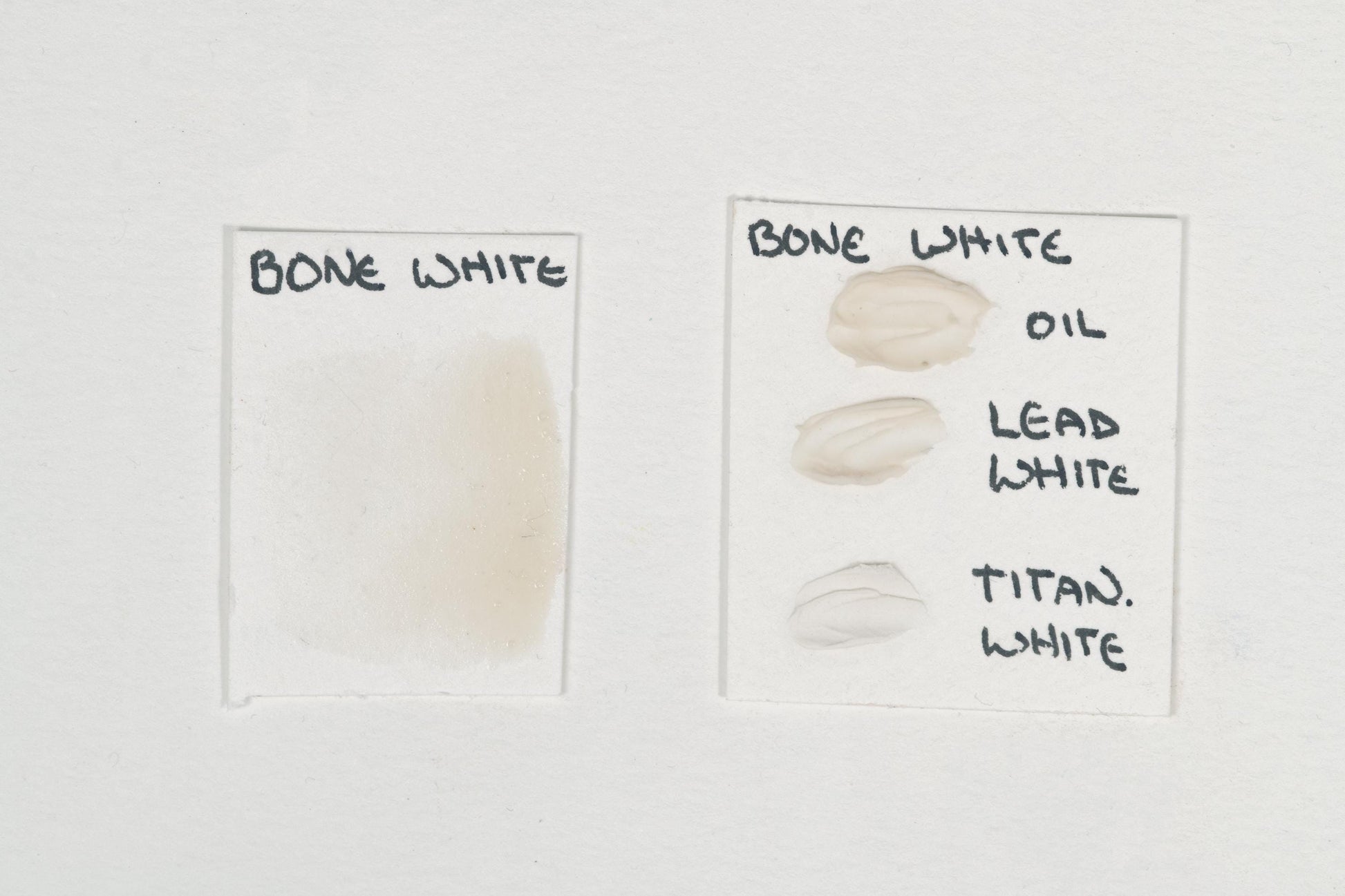 Bone White pigment tested in watercolor using honey, in oil, and mixed with tints of titanium white and lead white. The image showcases its warm, slightly translucent off-white hue, soft opacity in watercolor, smooth blending in oil, and delicate tonal variations with white pigments. A historical pigment derived from calcined bone, prized for its natural warmth and subtle shading. High-quality Bone White swatches displayed for comparison.