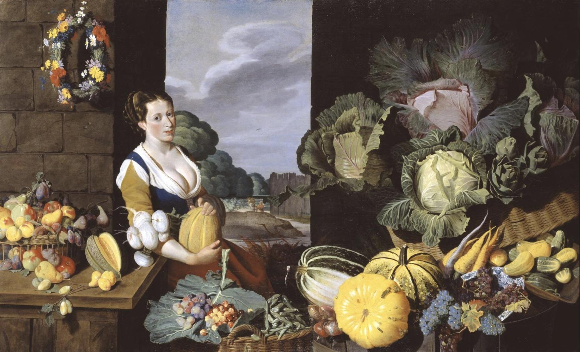 A woman in a dress stands by a table with cabbages, pumpkins, and grapes as Greenweed Lake Pigment adds vibrant botanical color to the scene framed by a scenic landscape through the open window behind her.