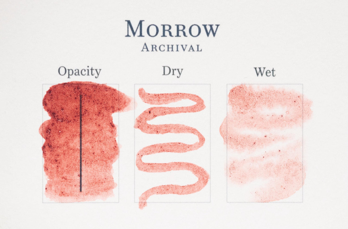 A sample card labeled Morrow Archival displays Madder Lake Intense Pigment in three sections—Opacity (solid swatch), Dry (wavy line), and Wet (washed area)—to showcase the handmade pigment’s unique properties.