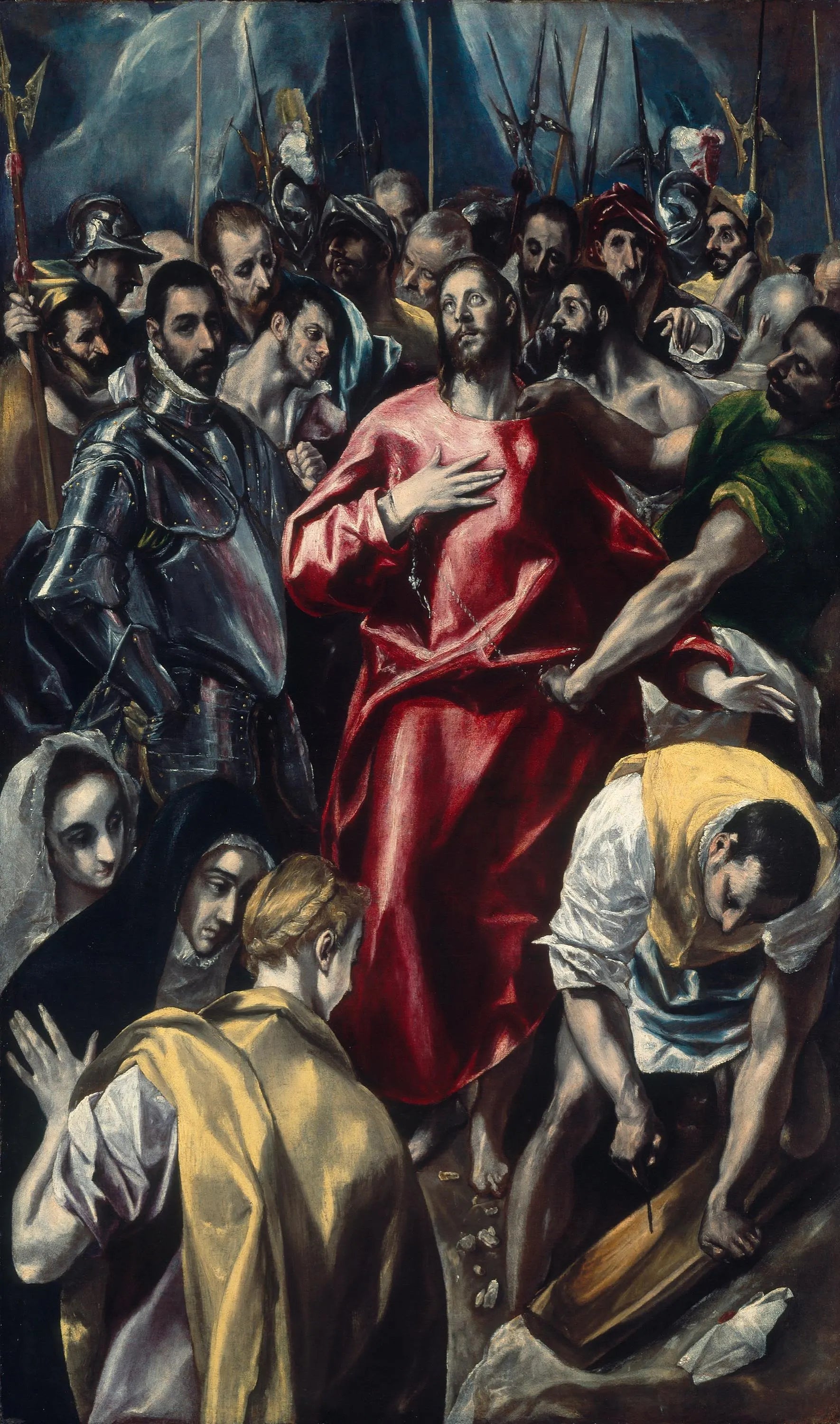 The image is a painting depicting a religious scene with Jesus Christ surrounded by a crowd of people, some of whom are wearing armor.