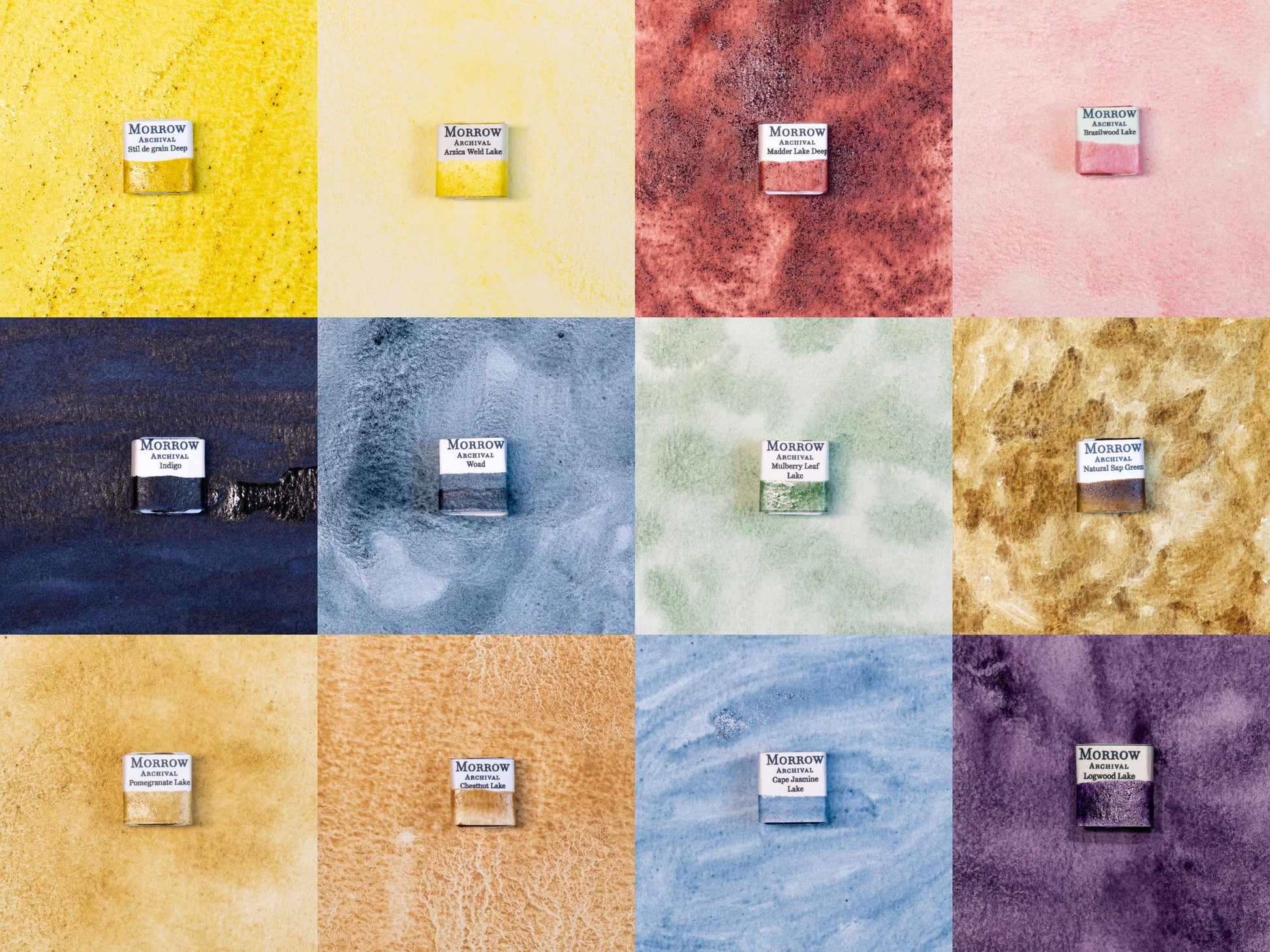 Archival watercolor palette set with 12 handmade pans labeled elegantly, each resting directly on its corresponding painted swatch. Includes Stil de Grain Deep, Arzica Light, Madder Lake Deep, Brazilwood Lake, Indigo Pigment, Woad Pigment, Mulberry Leaf Lake, Natural Sap Green, Pomegranate Lake, Chestnut Lake, Cape Jasmine Lake, and Logwood Lake. Plant-based pigments crafted with honey and gum arabic, ideal for historical and botanical art.