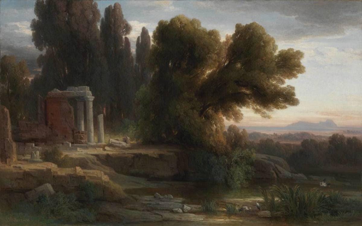Ernst Willers (1802-1880) - Grove near Ariccia in the Evening Light (1873). A serene landscape painting capturing a sunlit grove with tall, graceful trees bathed in warm evening light. The golden glow filters through the foliage, casting long shadows and enhancing the depth of the tranquil scene. A masterful example of 19th-century Romantic landscape painting, evoking peace and natural beauty.