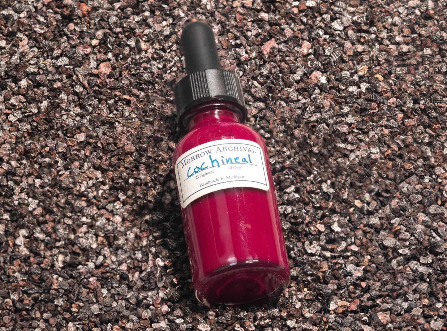 Bottle of Cochineal Carmine ink resting on whole dried cochineal insects and fine crimson pigment powder. This setup emphasizes the insect-derived origin of the vibrant magenta ink, showcasing historical practices in natural dye production.