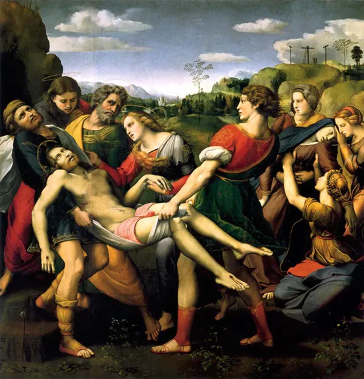 The Deposition (Deposizione di Cristo), also known as the Pala Baglione, Borghese Entombment, or the Entombment, is an oil painting by Raphael. The artwork is signed and dated ‚ÄúRaphael. Urbinas. MDVII‚Äù (1507). Moreover, it is the central altarpiece commissioned by Atalanta Baglioni of Perugia in the triumph of her slain son, Grifonetto Baglioni. The painting is on a wood panel that measures 179 x 174 cm.