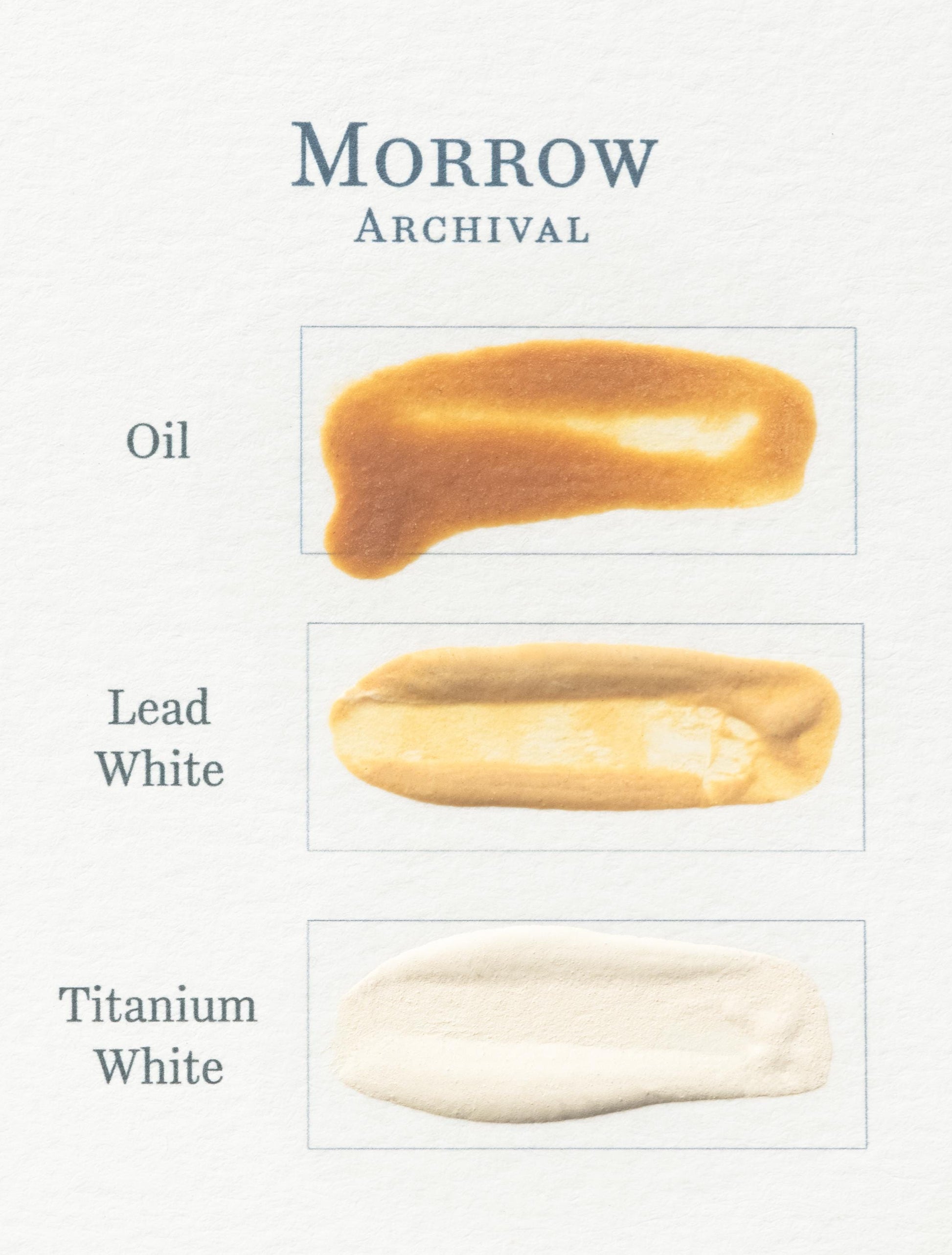 Three paint swatches—Oil (brown), Lead White (off-white), and Titanium White (bright white)—on textured paper showcase the Morrow Archival collection, featuring Greenweed Lake Pigment, inspired by natural dyer's greenweed.