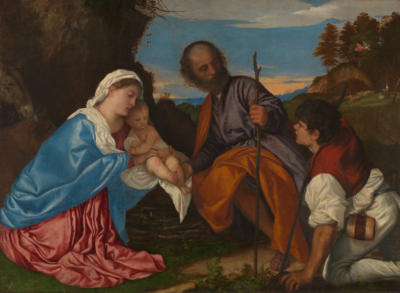 The image is a painting depicting the Holy Family, with the Virgin Mary, the baby Jesus, and the saints in a pastoral setting.