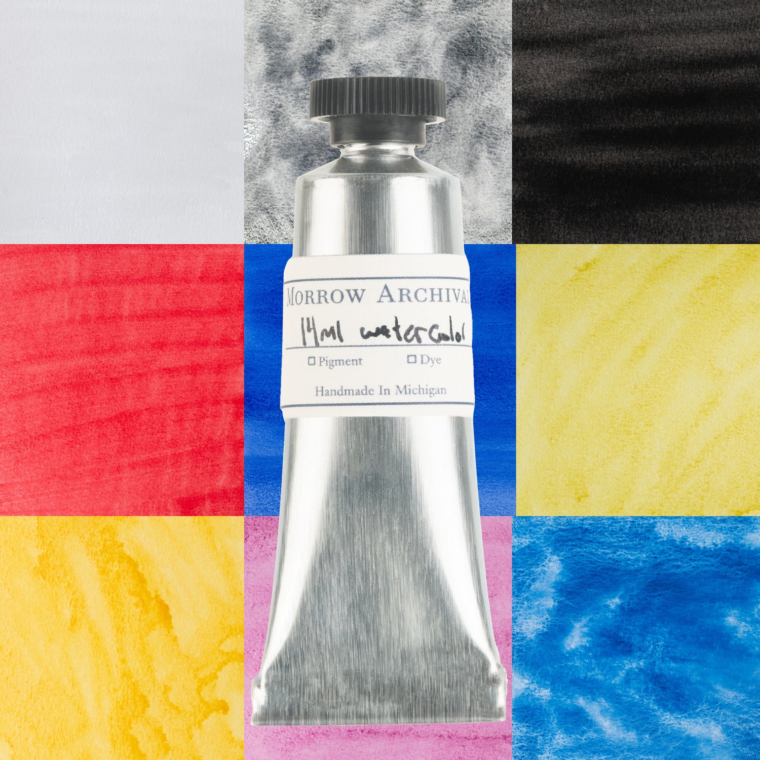 A silver tube of watercolor paint against a background of various colored paints, with a label indicating it is a watercolor paint from the Morrow Archive Collection.
