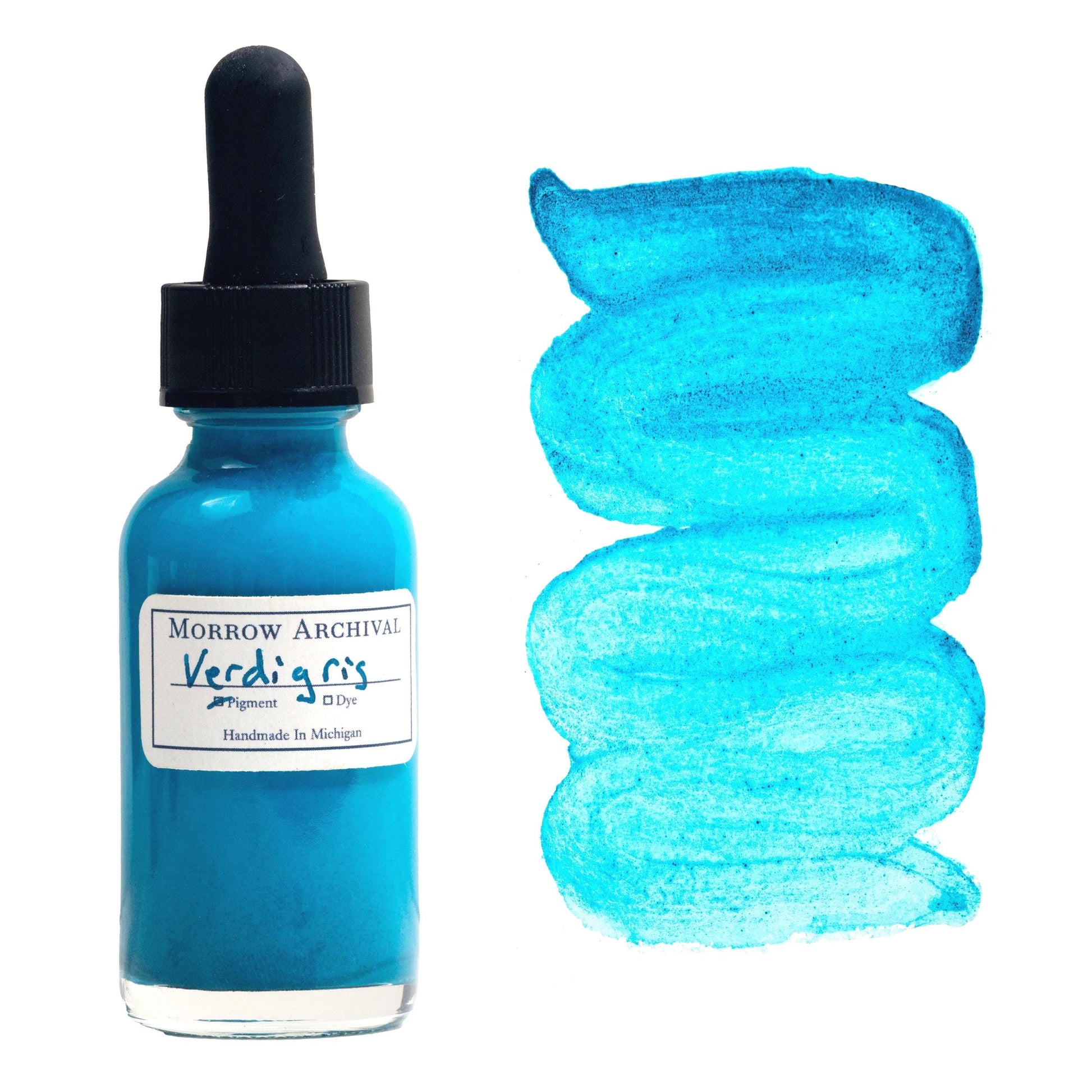 Fine historical watercolor ink made from verdigris, a green-blue turquoise pigment formed from copper acetate, housed in a clear glass dropper bottle with an archival watercolor paper label and hand-painted swatch. This vivid, slightly translucent ink displays a gradient from bright seafoam to deep teal with a subtle metallic undertone. Historically used in medieval manuscripts and Renaissance paintings, this archival-quality ink is ideal for calligraphy and historical illustration.