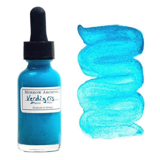 Fine historical watercolor ink made from verdigris, a green-blue turquoise pigment formed from copper acetate, housed in a clear glass dropper bottle with an archival watercolor paper label and hand-painted swatch. This vivid, slightly translucent ink displays a gradient from bright seafoam to deep teal with a subtle metallic undertone. Historically used in medieval manuscripts and Renaissance paintings, this archival-quality ink is ideal for calligraphy and historical illustration.