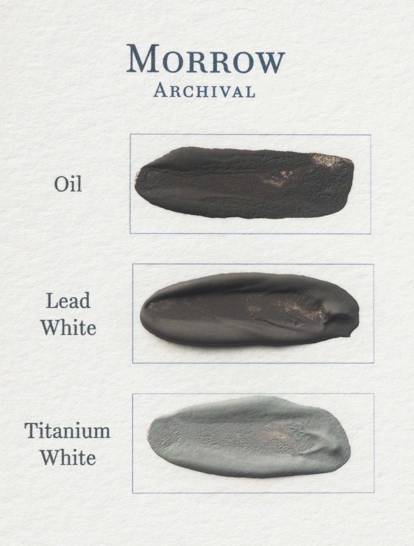 Three color swatches labeled 'Oil', 'Lead White', and 'Titanium White' with the brand 'Morrow Archival' on a light gray background.