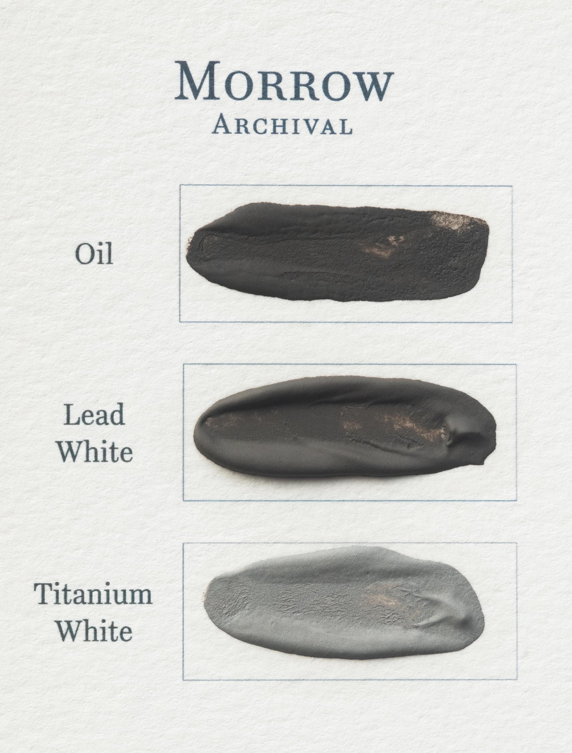 Three color swatches labeled 'Oil', 'Lead White', and 'Titanium White' with the brand 'Morrow Archival' on a light gray background.