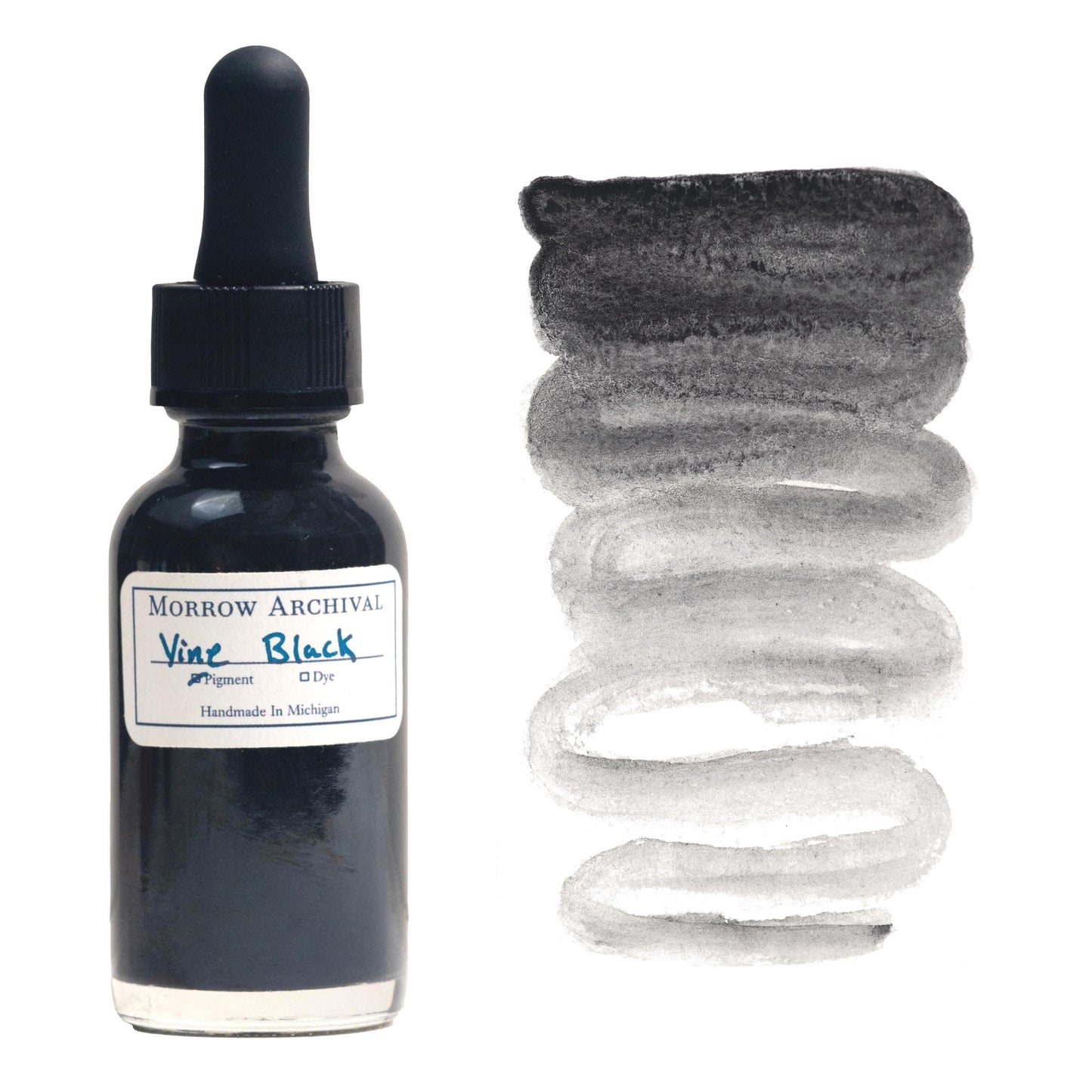 Traditional watercolor ink made from Vine Black pigment, produced by charring French grapevine cuttings, housed in a clear glass dropper bottle with a fine watercolor paper label and hand-painted swatch. This natural black ink has soft undertones of brown and gray, creating a rich, velvety gradient from deep charcoal to smoky ash. Archival quality and historically used by artists for drawing and washes, perfect for calligraphy, tonal studies, and historical artwork.