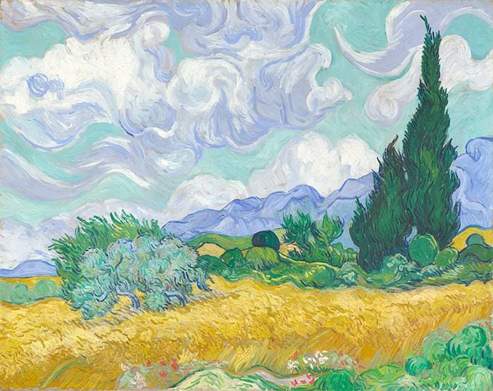 Van Gogh painted several versions of A Wheatfield, with Cypresses during the summer of 1889, while he was a patient in the psychiatric hospital of Saint-Paul de Mausole, in the village of St-R√©my in the south of France. A first version, which he described as a study, was painted on site in late June 1889. The National Gallery‚Äôs painting, which was completed in September while Van Gogh was confined to his hospital room, is the finished version.