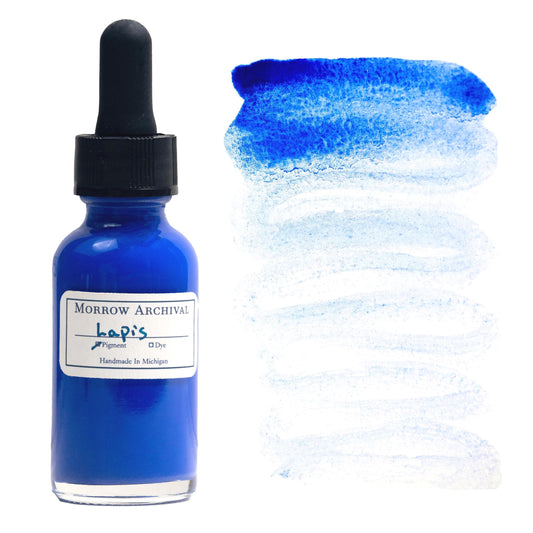 Premium historical watercolor ink made from natural Lapis Lazuli pigment, housed in a clear glass dropper bottle with an elegant watercolor paper label and hand-painted swatch. This authentic ultramarine blue ink offers a luminous, sky-toned hue with subtle mineral sparkle and soft granulation. The swatch beside the bottle reveals a smooth flow and rich gradient. Archival and historically sourced, ideal for manuscript illumination and fine historical artwork.