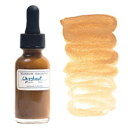 Medieval-style watercolor ink made from Chestnut Medium Brown Lake pigment, showcased in a clear glass dropper bottle with an archival watercolor paper label and hand-painted swatch. This natural ink offers a warm, earthy medium brown tone derived from botanical chestnut sources. The swatch beside the bottle reveals smooth flow, rich layering, and a natural gradient from dark to light. Ideal for historical artwork, calligraphy, and period-accurate painting.