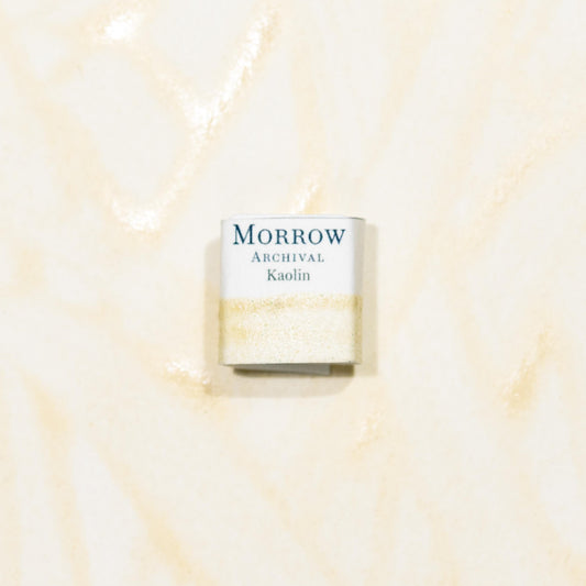 Watercolor painting with a handmade archival watercolor pan with elegant and vibrant label in watercolor paper in Natural Chinese Kaolin, a soft, subtle off-white pigment sourced from high-grade kaolinite clay traditionally used in Chinese porcelain and ink painting. Handcrafted with honey and gum arabic. Opaque and highly lightfast, ideal for mixing, highlights, traditional Asian art styles, and gentle neutral tones.