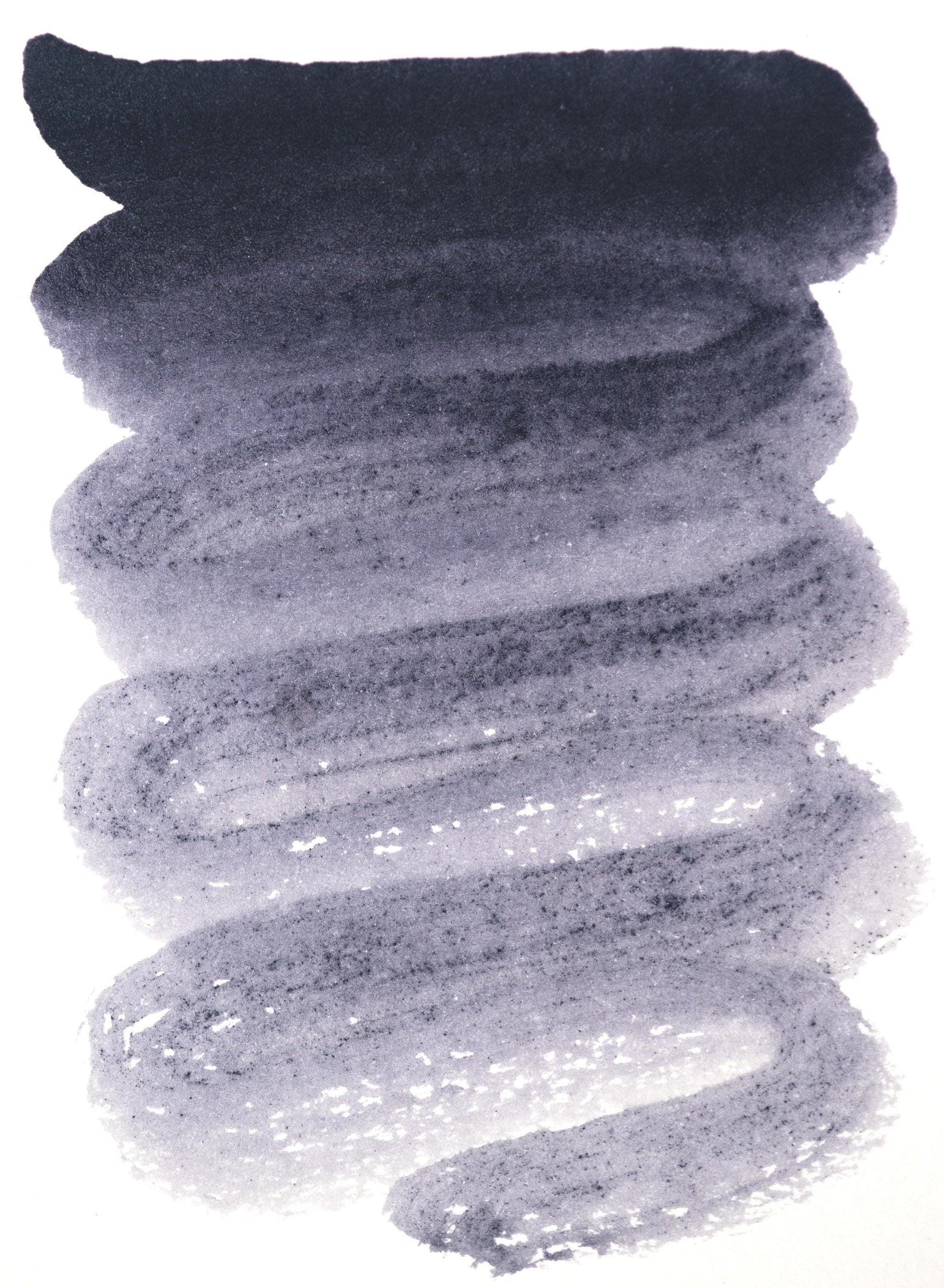 Iron gall ink swatch with a strong brown-black color fade, showing a historical transition from cool charcoal to warm antique brown. Created with Aleppo oak galls and copperas, this traditional ink was widely used in archival manuscripts and drawing.