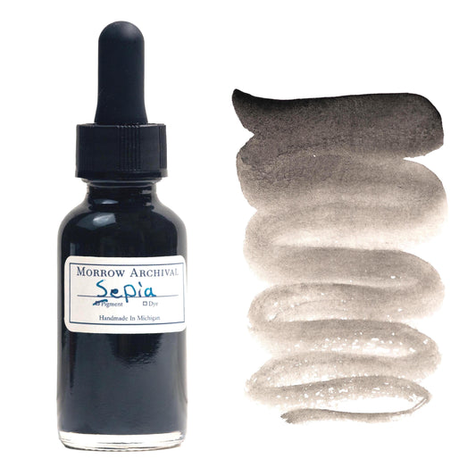 Historical watercolor ink made from natural cuttlefish sepia, presented in a clear glass dropper bottle with a hand-labeled watercolor paper tag and painted swatch. This warm black-brown ink offers rich organic tones with soft transparency and a flowing gradient from deep espresso to a light smoky wash. Traditionally used by classical artists, this archival-quality ink is perfect for calligraphy, ink drawing, and historically inspired artwork with a natural marine origin.