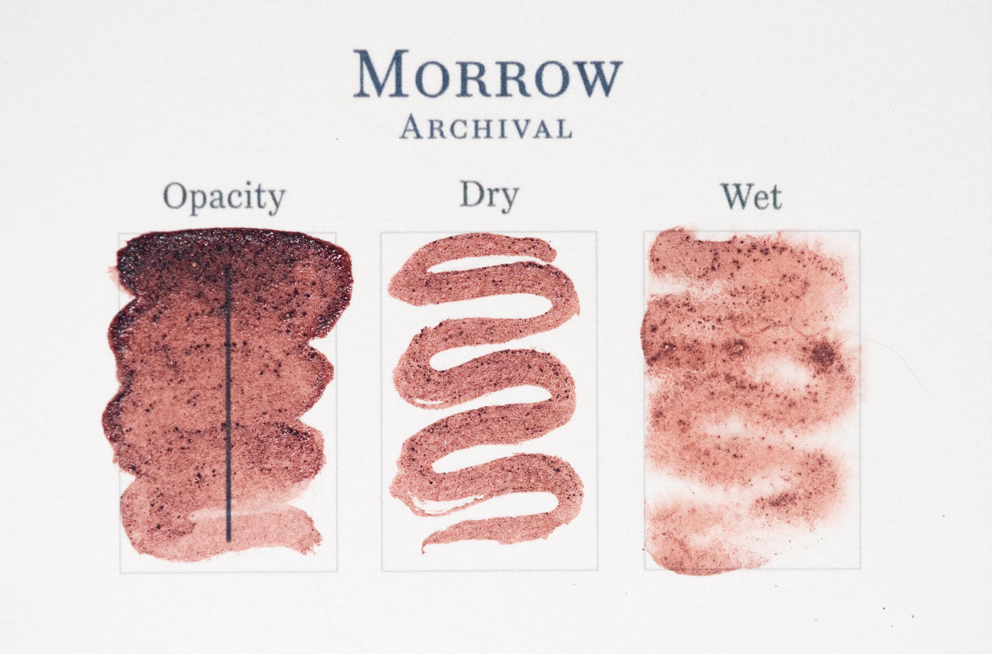 Three swatches of reddish-brown ink labeled Opacity, Dry, and Wet are displayed under the heading Madder Deep Lake Pigment, showing texture and color variations similar to the classic artist red pigment madder lake deep.